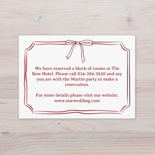 Elegante hand-getekende strik Crimson Red Wedding  Informatiekaartje