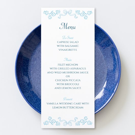 Elegante Hand-getrokken Bloemen & Boog Blauw Huwel Menu