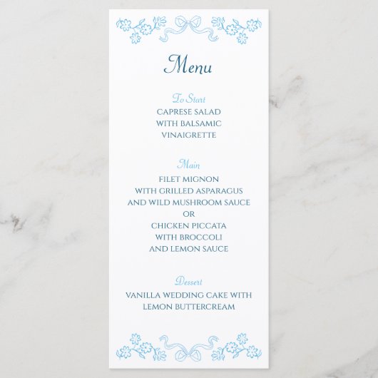 Elegante Hand-getrokken Bloemen & Boog Blauw Huwel Menu (Voorkant)