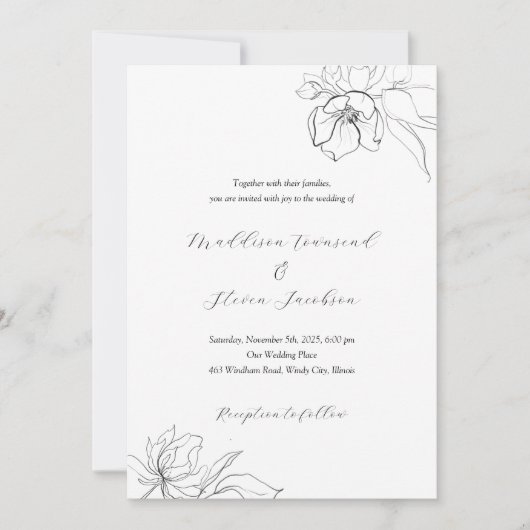 Elegante Hand Getrokken Bloemen Huwelijksuitnodigi Kaart (Voorkant)