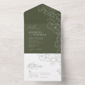 Elegante hand getrokken bloemensalie groene bruilo all in one uitnodiging (Binnen)