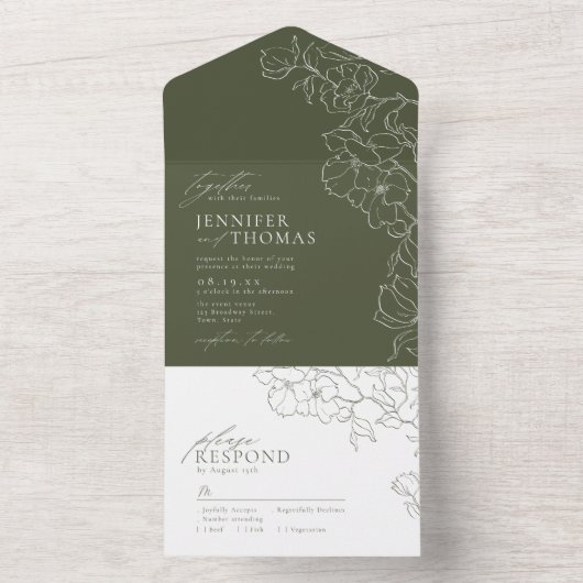 Elegante hand getrokken bloemensalie groene bruilo all in one uitnodiging (Binnen)