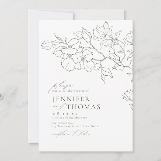 Elegante hand getrokken bloemensalie groene bruilo kaart (Voorkant)