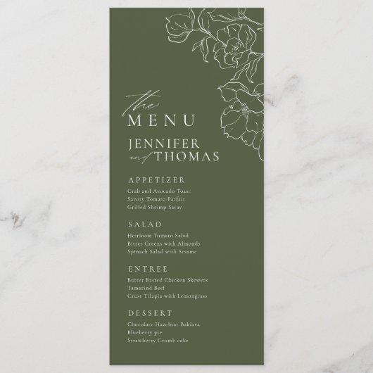 Elegante hand getrokken bloemensalie groene bruilo menu (Voorkant)