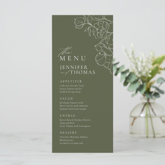 Elegante hand getrokken bloemensalie groene bruilo menu (Staand voorkant)