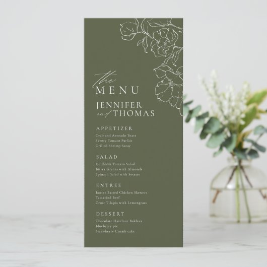 Elegante hand getrokken bloemensalie groene bruilo menu (Staand voorkant)