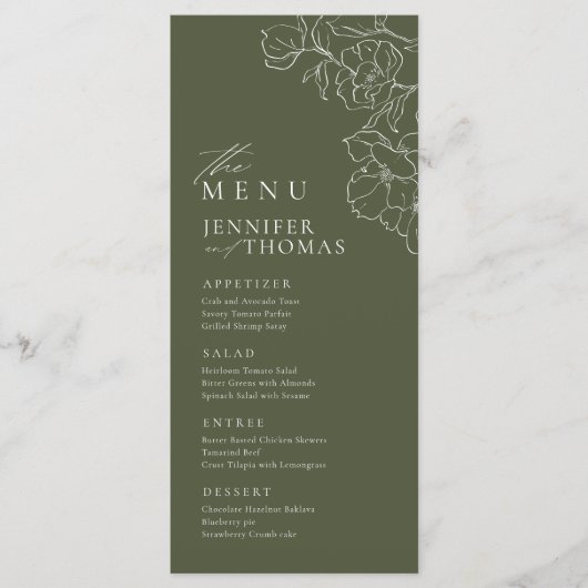 Elegante hand getrokken bloemensalie groene bruilo menu (Voorkant)