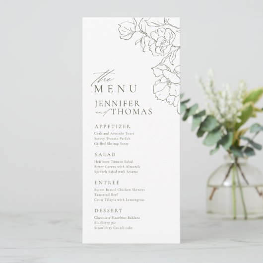 Elegante hand getrokken bloemensalie groene bruilo menu (Staand voorkant)