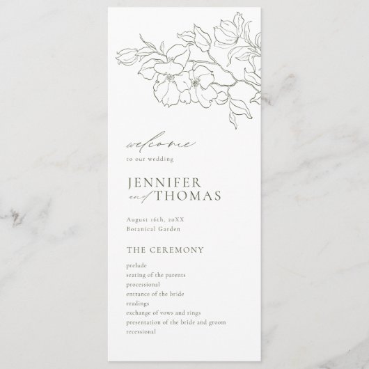 Elegante hand getrokken bloemensalie groene bruilo programmakaart (Voorkant)