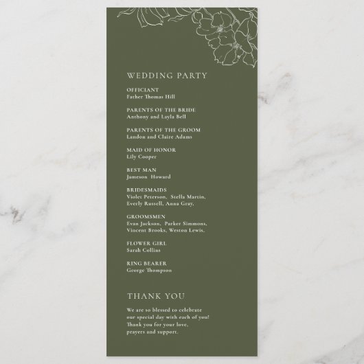 Elegante hand getrokken bloemensalie groene bruilo programmakaart (Achterkant)