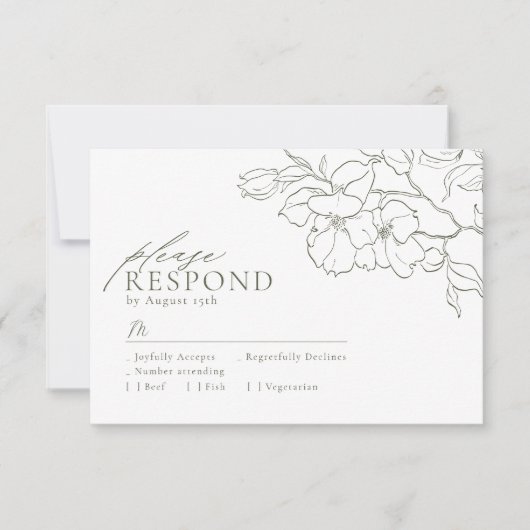 Elegante hand getrokken bloemensalie groene bruilo RSVP kaartje (Voorkant)