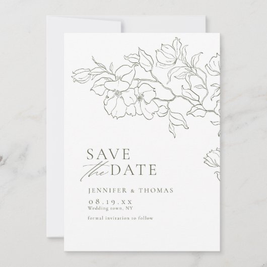 Elegante hand getrokken bloemensalie groene bruilo save the date (Voorkant)