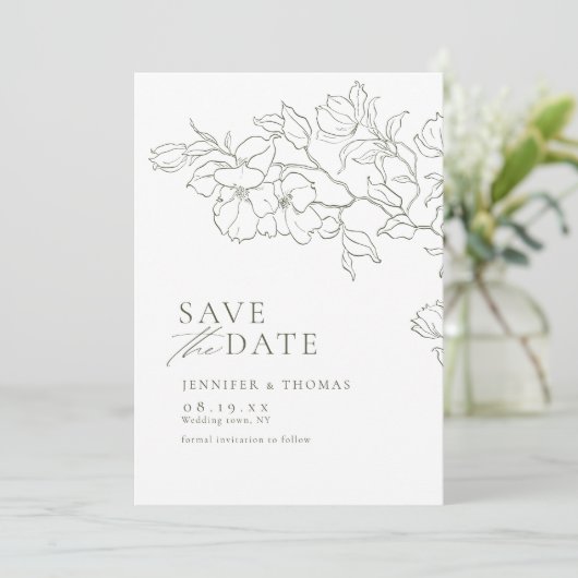 Elegante hand getrokken bloemensalie groene bruilo save the date (Staand voorkant)