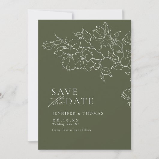 Elegante hand getrokken bloemensalie groene bruilo save the date (Voorkant)