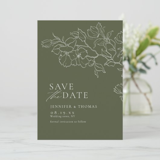 Elegante hand getrokken bloemensalie groene bruilo save the date (Staand voorkant)