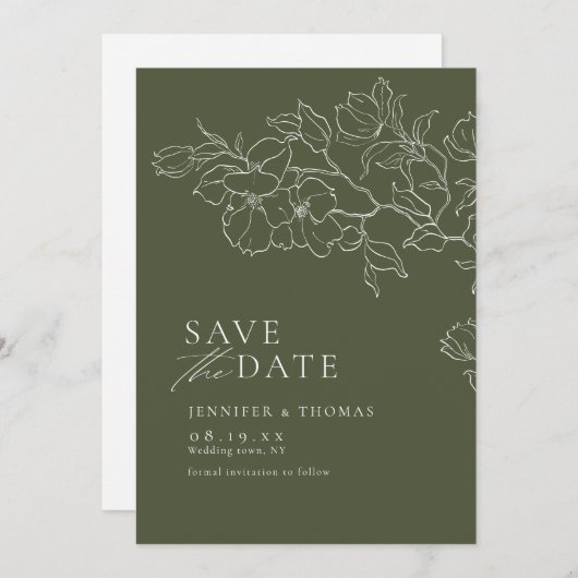 Elegante hand getrokken bloemensalie groene bruilo save the date (Voorkant / Achterkant)
