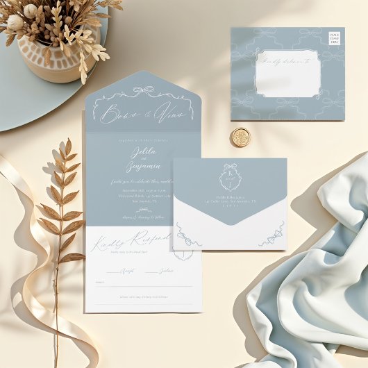 Elegante Hand Getrokken Boog & Lint Monogram Huwel All In One Uitnodiging