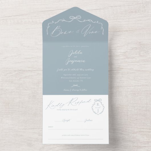 Elegante Hand Getrokken Boog & Lint Monogram Huwel All In One Uitnodiging (Binnen)