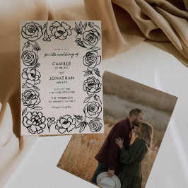 Elegante Hand getrokken Floral Foto Bruiloft uitno Kaart