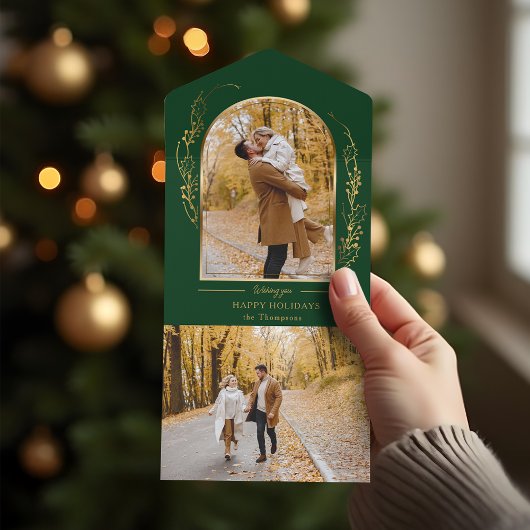 Elegante hand getrokken gouden Holly Arch foto All In One Uitnodiging