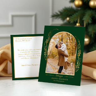 Elegante hand getrokken gouden Holly Arch foto Feestdagenkaart
