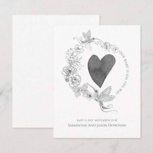 Elegante Hand Getrokken Kolibrie Bloemenkrans Hart Aankondiging (Voorkant / Achterkant)