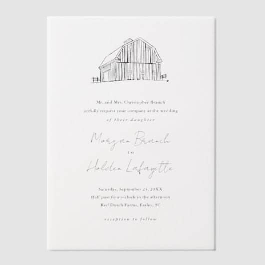 Elegante hand getrokken land schuur bruiloft vellum uitnodigingen (Voorkant)