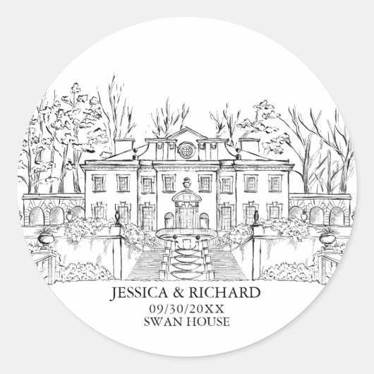 Elegante hand getrokken locatie Chateau illustrati Ronde Sticker (Voorkant)