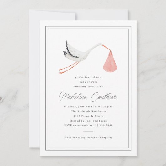 Elegante Hand getrokken ooievaar meisjes Baby show Kaart (Voorkant)