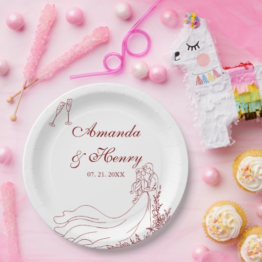 Elegante Hand getrokken paar bruiloft Papieren Bordje (Feest)