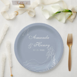 Elegante hand getrokken paar stoffige blauwe bruil papieren bordje