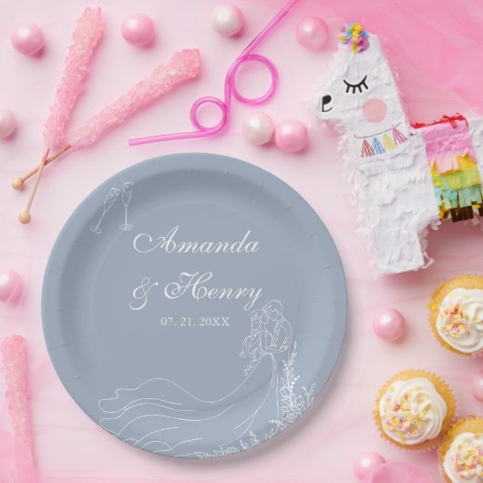 Elegante hand getrokken paar stoffige blauwe bruil papieren bordje (Feest)