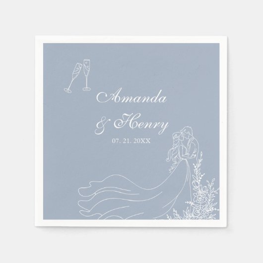 Elegante hand getrokken paar stoffige blauwe bruil servet (Voorkant)