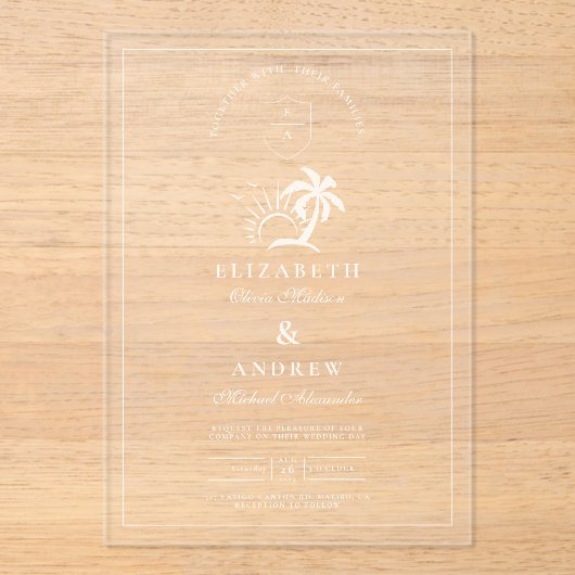Elegante hand getrokken palmboom bruiloft acryl uitnodigingen (Voorkant)