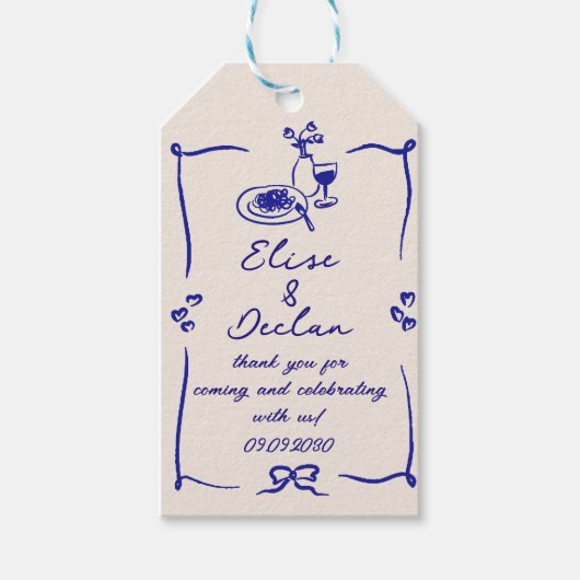 Elegante hand getrokken retro blauwe bruiloft cadeaulabel (Voorkant)