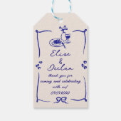 Elegante hand getrokken retro blauwe bruiloft cadeaulabel (Achterkant)