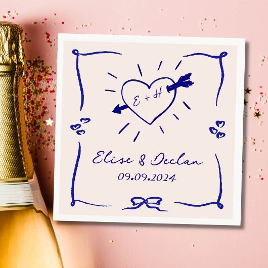 Elegante hand getrokken retro blauwe bruiloft servet