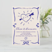 Elegante hand getrokken retro blauwe bruiloft uitn kaart (Staand voorkant)