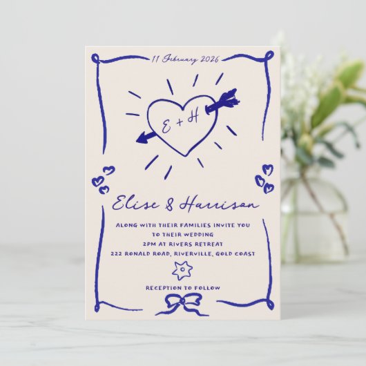 Elegante hand getrokken retro blauwe bruiloft uitn kaart (Staand voorkant)