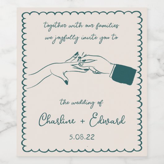 Elegante Hand Getrokken Retro Green Wedding Wijn L Wijn Etiket (Enkel label)