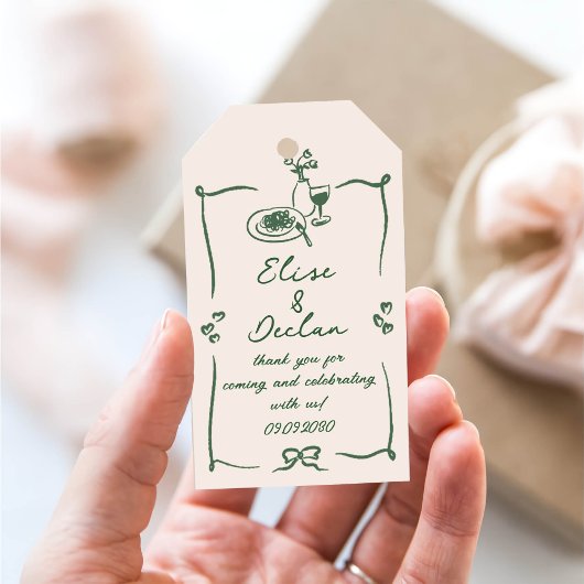 Elegante hand getrokken retro groene bruiloft cadeaulabel