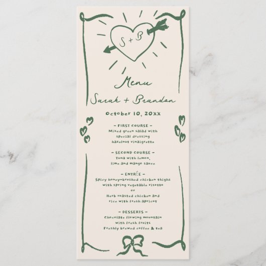 Elegante hand getrokken retro groene bruiloft menu (Voorkant)