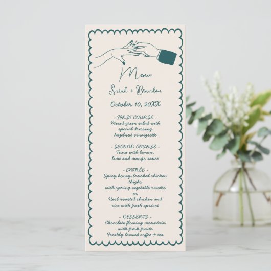 Elegante hand getrokken retro groene bruiloft menu (Staand voorkant)