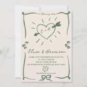 Elegante hand getrokken retro groene bruiloft uitn kaart (Voorkant)