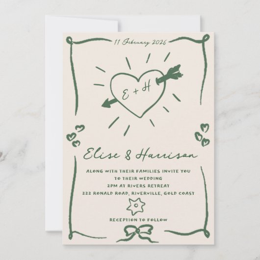 Elegante hand getrokken retro groene bruiloft uitn kaart (Voorkant)