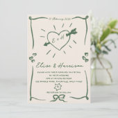Elegante hand getrokken retro groene bruiloft uitn kaart (Staand voorkant)