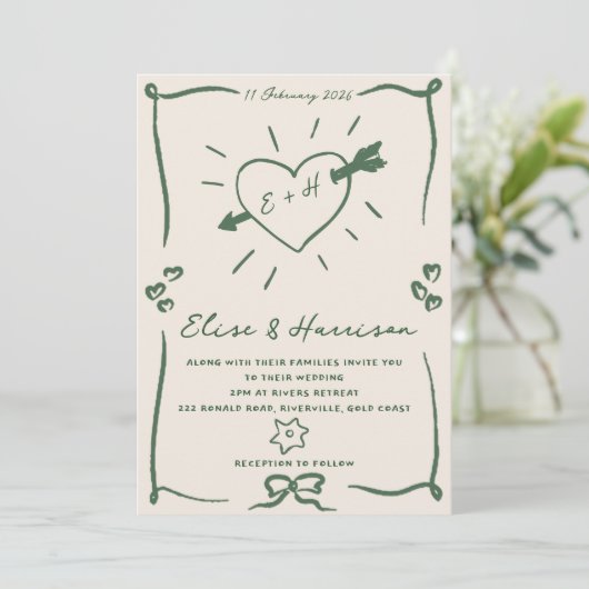 Elegante hand getrokken retro groene bruiloft uitn kaart (Staand voorkant)