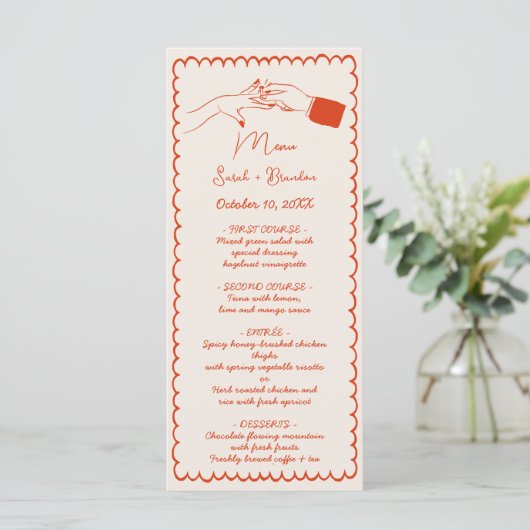 Elegante Hand getrokken Retro Sinaasappel bruiloft Menu (Staand voorkant)