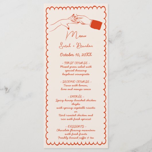 Elegante Hand getrokken Retro Sinaasappel bruiloft Menu (Voorkant)
