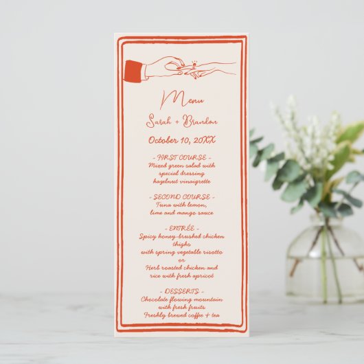 Elegante Hand getrokken Retro Sinaasappel bruiloft Menu (Staand voorkant)